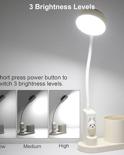 Cute Kids Desk Lamp 2000mAh Rechargeable Kawaii Desk Lamp with Star Projection & Pen Holder, Aesthetic Kids Bedside Lamp with Flexible Gooseneck/ 3 Level Brightness/Eye-Caring for Reading, Study - LeafyLoom