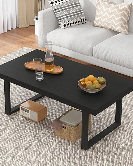 IBF Black Coffee Table, Minimalist Industrial Wooden Center Table, Modern Simple Rectangle Living Room Table, Farmhouse Wood and Metal Cocktail Coffee Table for Home Bedroom Office, Black Oak, 39 inch - LeafyLoom