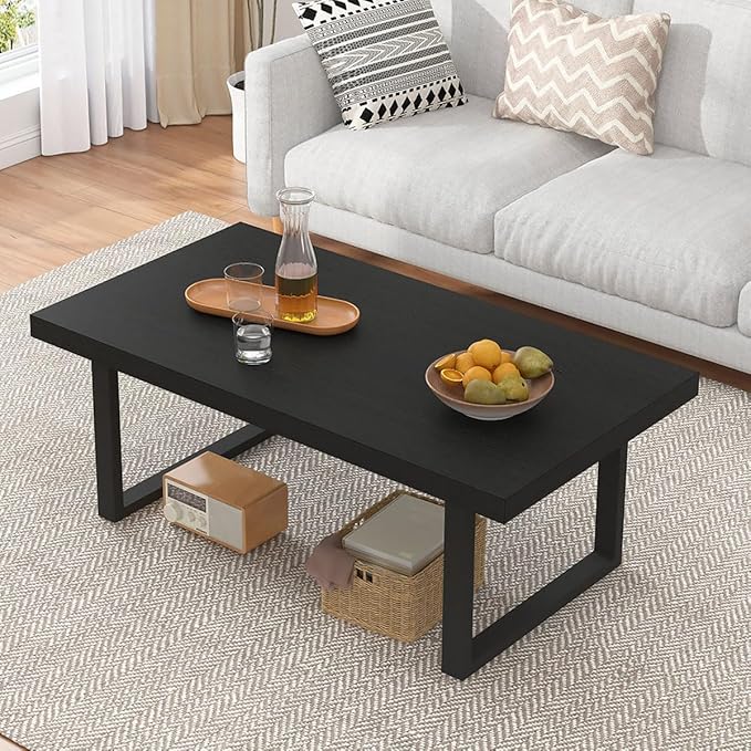 IBF Black Coffee Table, Minimalist Industrial Wooden Center Table, Modern Simple Rectangle Living Room Table, Farmhouse Wood and Metal Cocktail Coffee Table for Home Bedroom Office, Black Oak, 39 inch - LeafyLoom