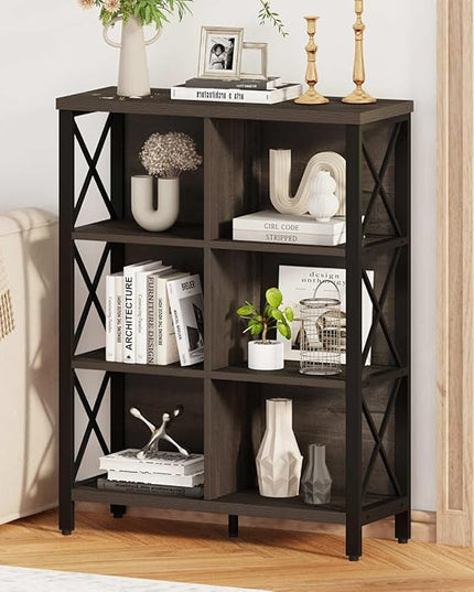 FATORRI 6 Cube Storage Organizer Shelf, Rustic Wood and Metal Cubby Bookcase, Industrial 4 Tier Cube Bookshelf (Walnut Brown) - LeafyLoom