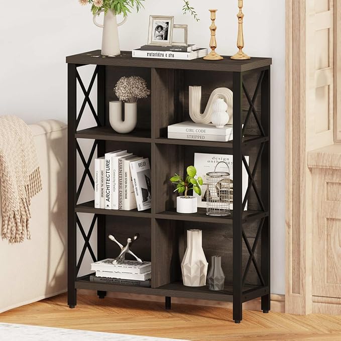 FATORRI 6 Cube Storage Organizer Shelf, Rustic Wood and Metal Cubby Bookcase, Industrial 4 Tier Cube Bookshelf (Walnut Brown) - LeafyLoom