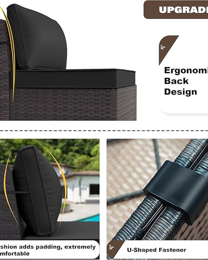 Patio Furniture Set Sofa 6-Pieces Wicker Sectional Sofa Set, Outdoor Furniture Rattan Patio Conversation Set with Thickened Cushion and Glass Coffee Table, Black - LeafyLoom