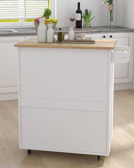 Kitchen Island with Storage, 32" kitchen Island Cart with Drawer and Adjustable Shelf, Rolling Kitchen Island with Towel Rack and Rubber Wood Table Top for Dining Room, Living Room, White - LeafyLoom