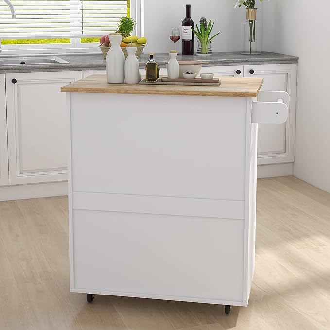 Kitchen Island with Storage, 32" kitchen Island Cart with Drawer and Adjustable Shelf, Rolling Kitchen Island with Towel Rack and Rubber Wood Table Top for Dining Room, Living Room, White - LeafyLoom