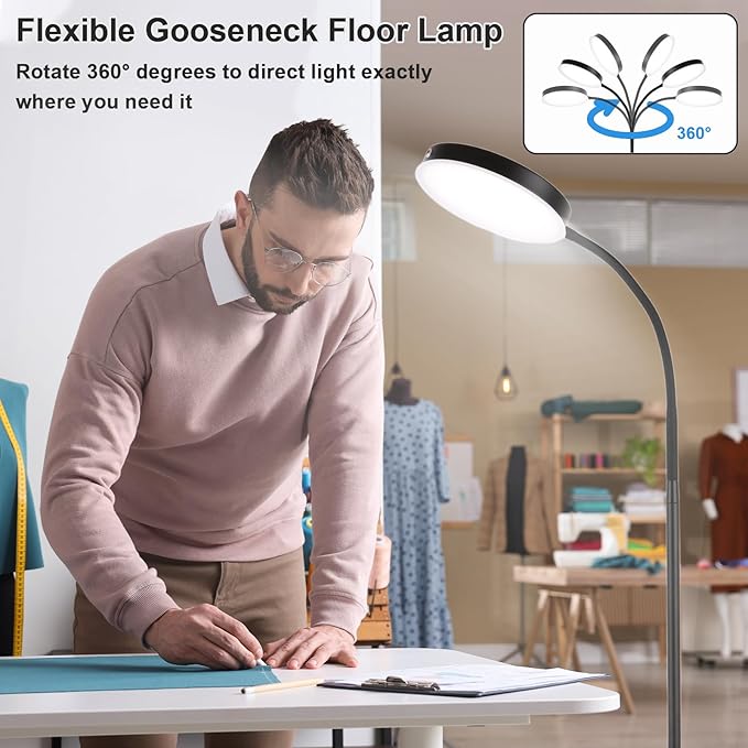 Floor Lamp, LED Floor Lamps for Living Room, Stepless Adjust Color Temperatures & Brightness Standing Lamp with Touch Control Tall Lamps Adjustable Gooseneck Reading Floor Lamp (Black) - LeafyLoom