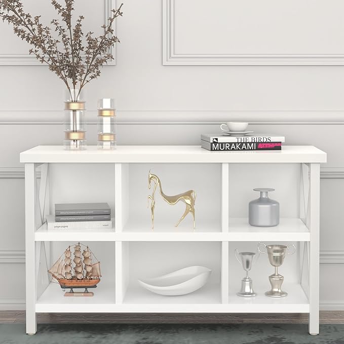 6 Cube Storage Organizer with Shelf, 3 Tier Metal and Wood Open Book Shelf, Long Wide Office Cubby Bookcase with Storage, Industrial Horizontal Bookshelf (White, 47 Inch) - LeafyLoom