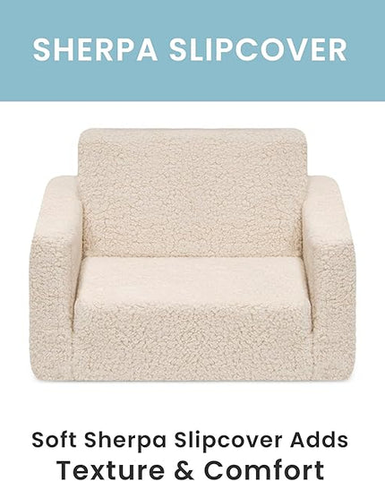 Delta Children Cozee Flip-Out Sherpa 2-in-1 Convertible Chair to Lounger for Kids, Cream - LeafyLoom