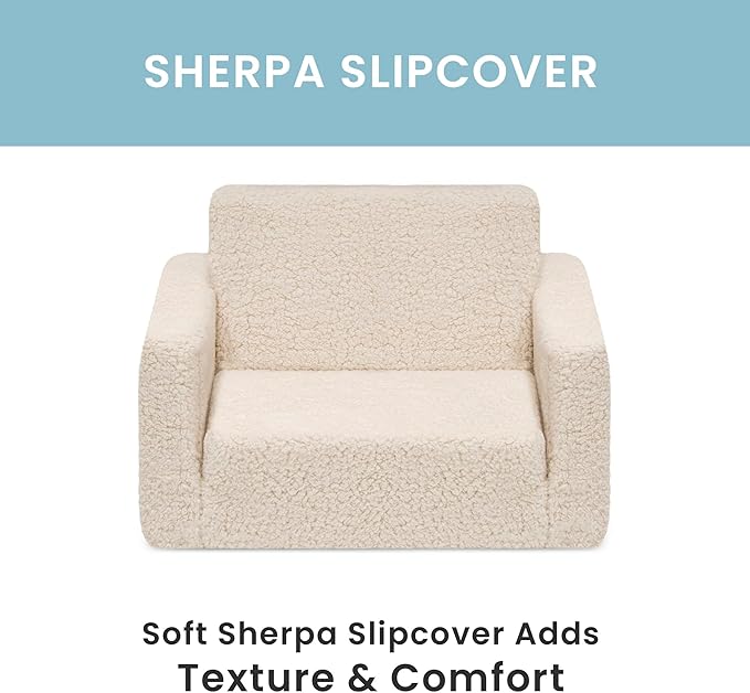 Delta Children Cozee Flip-Out Sherpa 2-in-1 Convertible Chair to Lounger for Kids, Cream - LeafyLoom