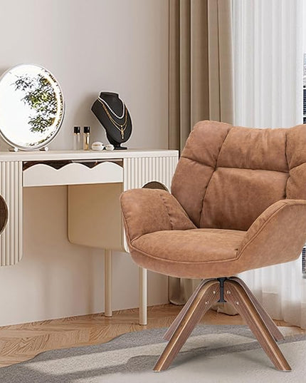 Faux Leather Accent Chair, Modern Cozy Vanity Chair with Wood Legs, Upholstered Single PU Leather Boucle Armchair for Living Room Bedroom Office Guest Room (Brown) - LeafyLoom