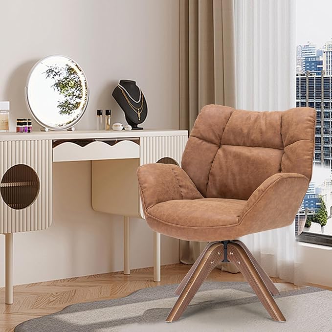 Faux Leather Accent Chair, Modern Cozy Vanity Chair with Wood Legs, Upholstered Single PU Leather Boucle Armchair for Living Room Bedroom Office Guest Room (Brown) - LeafyLoom