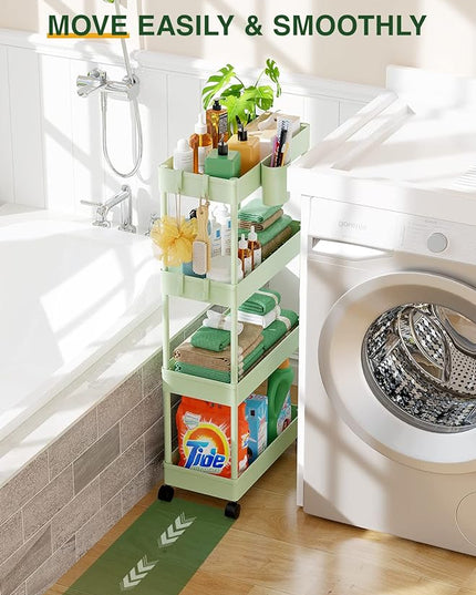 LEHOM Slim Rolling Storage Cart - 4 Tiers Bathroom Organizer Utility Cart Slide Out Storage Shelves Mobile Shelving Unit for Kitchen, Bedroom, Office, Laundry Room, Small Narrow Spaces, Green - LeafyLoom