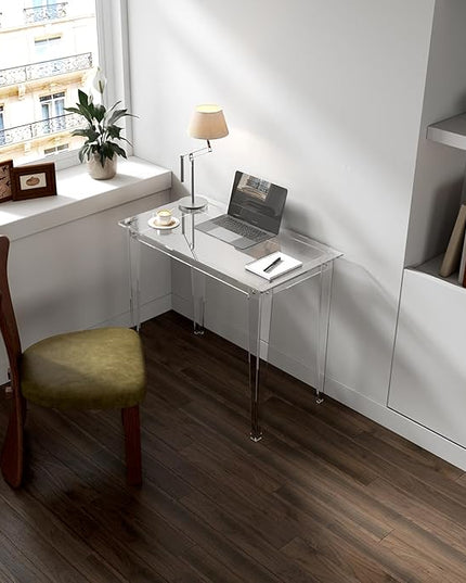 HMYHUM Small Acrylic Computer Desk, 35.4 Inch, Clear Study Desk for Home Office, Writing, Vanity, Modern, Easy Assembly, 19.7" W x 29.5" H, Right-Angle Legs Design - LeafyLoom