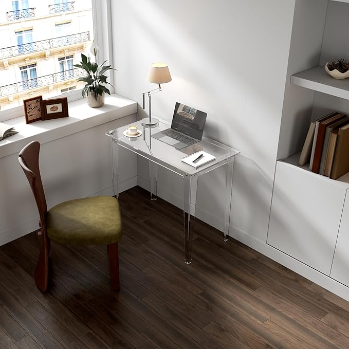 HMYHUM Small Acrylic Computer Desk, 35.4 Inch, Clear Study Desk for Home Office, Writing, Vanity, Modern, Easy Assembly, 19.7" W x 29.5" H, Right-Angle Legs Design - LeafyLoom