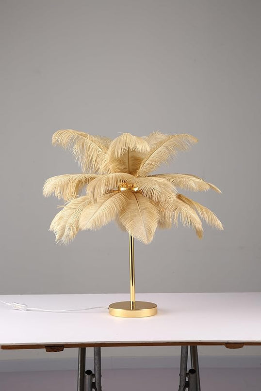 Ostrich Feather Table Lamp with Plug in Wire Modern Feather Lamp 3-Light Bedside Table Lamp for Living Room, Bedroom and Office 24” Tall Feather Desk Lamp (Ostrich Color-Metal Table Lamp) - LeafyLoom