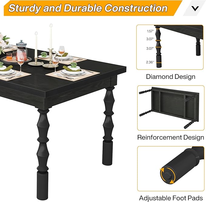 Tribesigns 62” Wood Dining Table for 4-6 People, Farmhouse Large Rectangle Kitchen Table, Modern Dinner Table Kitchen & Dining Room Furniture with Carved Turned Legs - LeafyLoom