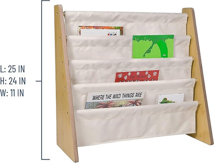Wildkin Kids Canvas Sling Bookshelf for Boys and Girls, Wooden Design Features Four Fabric Shelves, Keep Bedrooms, Playrooms, and Classrooms Organized, Measures 25 x 24 x 11 Inches (Natural w/ Tan) - LeafyLoom