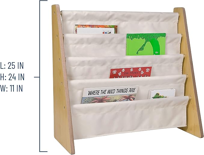 Wildkin Kids Canvas Sling Bookshelf for Boys and Girls, Wooden Design Features Four Fabric Shelves, Keep Bedrooms, Playrooms, and Classrooms Organized, Measures 25 x 24 x 11 Inches (Natural w/ Tan) - LeafyLoom