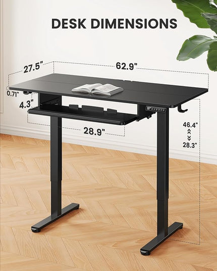 ErGear Large Electric Standing Desk with Keyboard Tray, 63x28 Inches Adjustable Height Sit Stand Up Desk, Home Office Desk Computer Workstation, Black - LeafyLoom