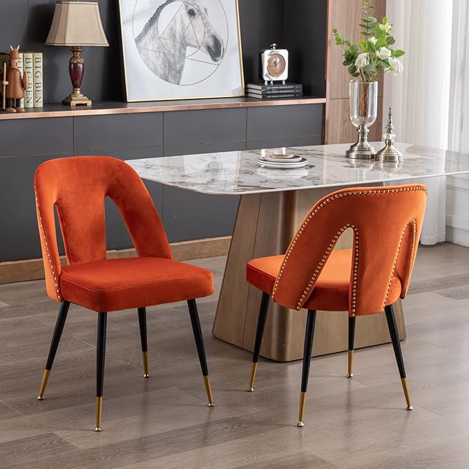 NicBex Dining Chairs Set of 2 Velvet Upholstered Kitchen Dining Chairs with Nailhead Trim for Dining Room-Orange - LeafyLoom