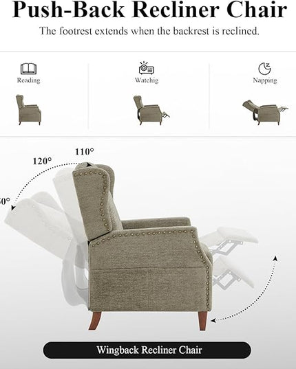 COLAMY Wingback Pushback Recliner Storage Pocket Upholstered Fabric Living Room Chair Armchair, with Wood Legs and Nailhead Trim, Green - LeafyLoom