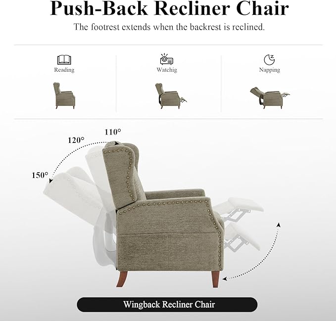 COLAMY Wingback Pushback Recliner Storage Pocket Upholstered Fabric Living Room Chair Armchair, with Wood Legs and Nailhead Trim, Green - LeafyLoom