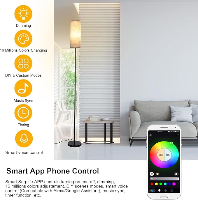 Neoglint Smart RGB Floor Lamp for Living Room Compatible with Alexa & Google Home, 68" Morden Color Changing Corner Standing Lamp, Pole Lamp with Linen Lampshade for Office, Hotel(Bulb Included) - LeafyLoom