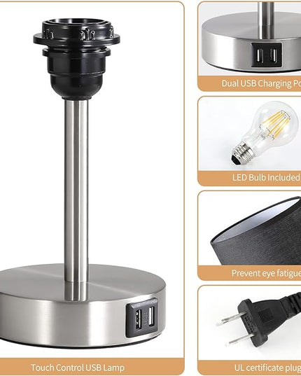 Bedside Lamp with USB Port - Touch Control Table Lamp for Bedroom Wood 3 Way Dimmable Nightstand Lamp with Round Black Shade for Living Room, Dorm, Home Office (LED Bulb Included) (Blacl2) - LeafyLoom