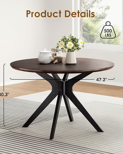 Soohow 47.2'' Round Dining Table Dining Room Table for 4-6 People,Kitchen Table Round Solid Wood Dining Table with Intersecting Pedestal Base,Walnut/Black - LeafyLoom