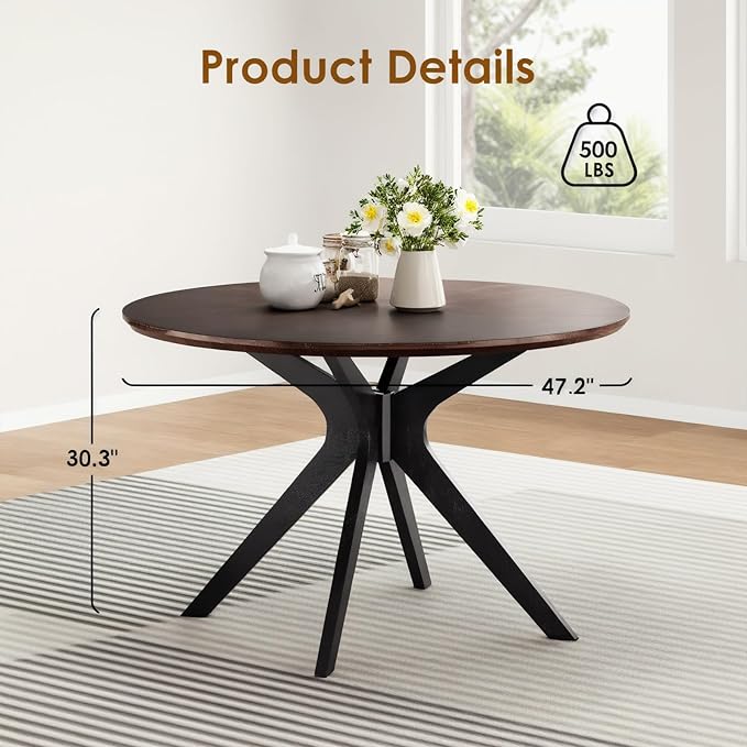 Soohow 47.2'' Round Dining Table Dining Room Table for 4-6 People,Kitchen Table Round Solid Wood Dining Table with Intersecting Pedestal Base,Walnut/Black - LeafyLoom