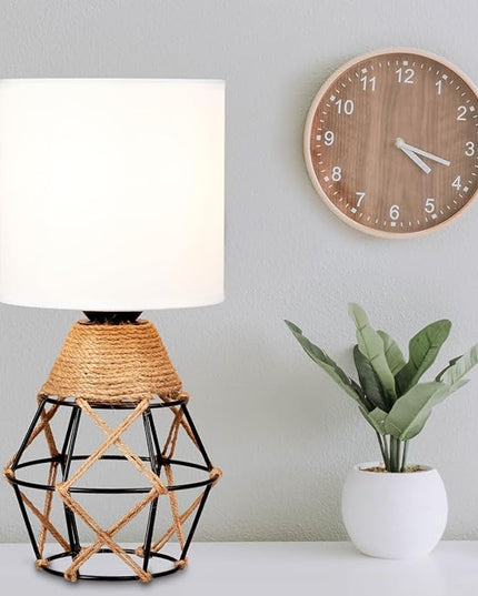 Hamilyeah Boho Lamp, Woven Table Lamp for Nightstand with On/Off Switch, Bedroom Lamp with White Fabric Shade, Simple Lamp for Bedside, Living Room - LeafyLoom