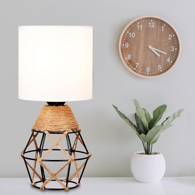 Hamilyeah Boho Lamp, Woven Table Lamp for Nightstand with On/Off Switch, Bedroom Lamp with White Fabric Shade, Simple Lamp for Bedside, Living Room - LeafyLoom