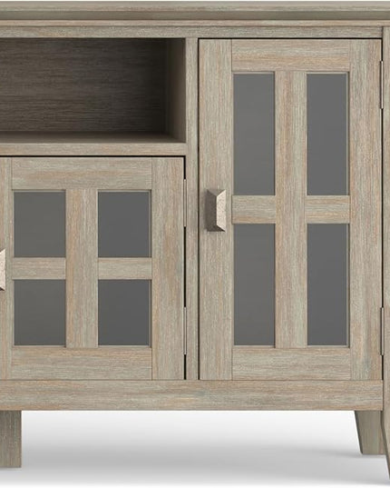 SIMPLIHOME Artisan SOLID WOOD Universal TV Media Stand, 72 inch Wide, Transitional, Living Room Entertainment Center, Storage Cabinet, for Flat Screen TVs up to 80 inches in Distressed Grey - LeafyLoom