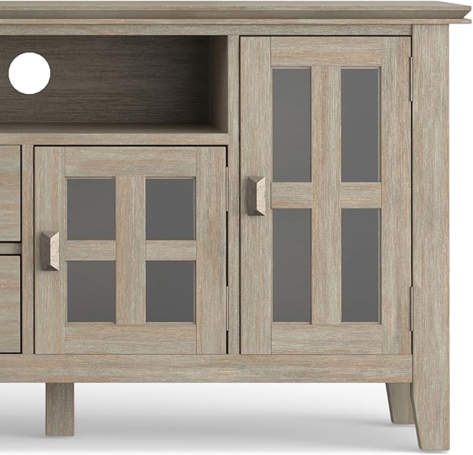 SIMPLIHOME Artisan SOLID WOOD Universal TV Media Stand, 72 inch Wide, Transitional, Living Room Entertainment Center, Storage Cabinet, for Flat Screen TVs up to 80 inches in Distressed Grey - LeafyLoom