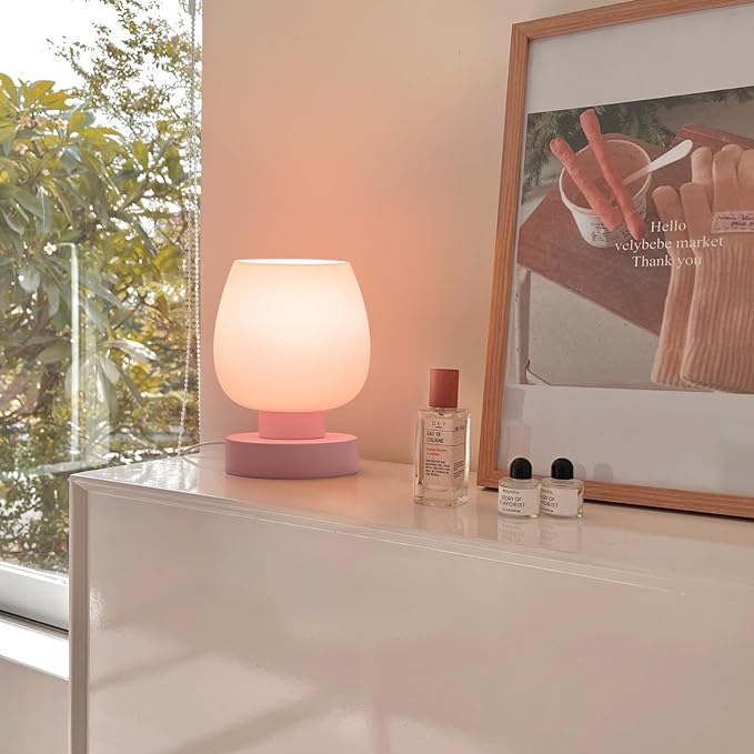 Touch Bedside Table Lamps Set of 2, Dimmable Small Nightstand Lamps for Bedroom, Modern Simple Design, Pink - LeafyLoom