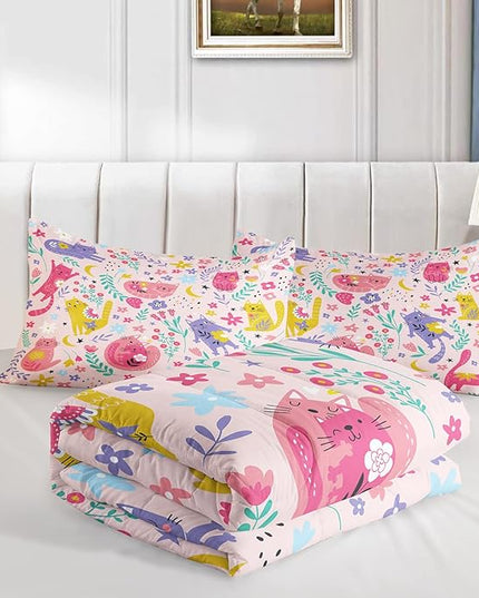 Floral Cat Comforter Queen Size,Pink Cat Comforter Set for Kids Teens Girls,3Pcs Bedding Set Printed Comforter with 2 Pillowcases,Down Alternative,Soft and Lightweight(Pink，Queen Size) - LeafyLoom