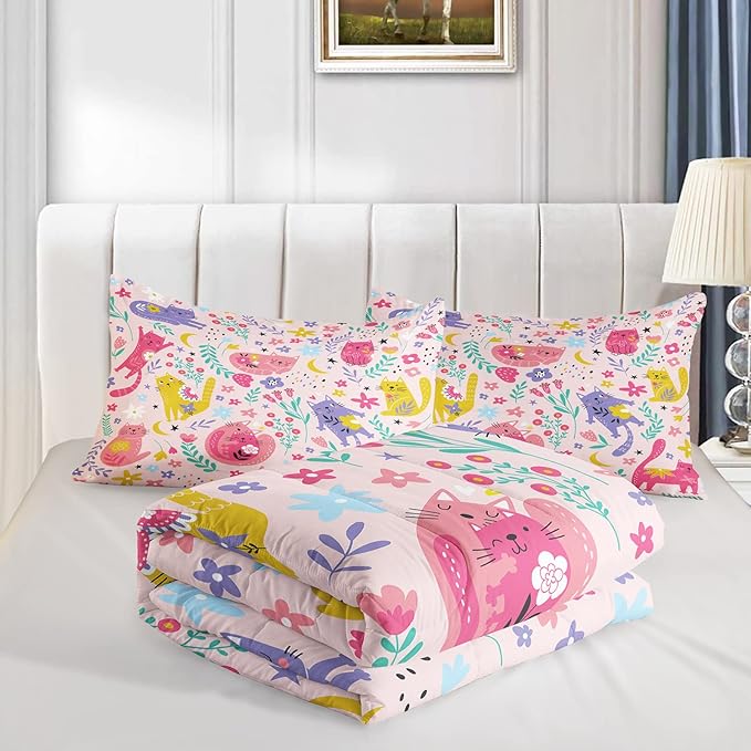 Floral Cat Comforter Queen Size,Pink Cat Comforter Set for Kids Teens Girls,3Pcs Bedding Set Printed Comforter with 2 Pillowcases,Down Alternative,Soft and Lightweight(Pink，Queen Size) - LeafyLoom