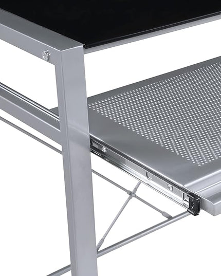 OSP Home Furnishings Zephyr Computer Desk with Keyboard Shelf and Tempered Glass Top, Black Glass and Silver Frame - LeafyLoom