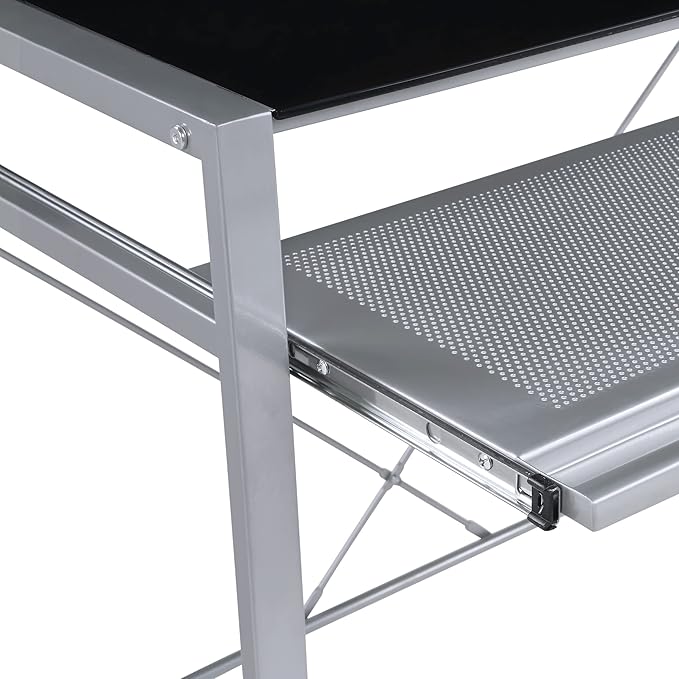 OSP Home Furnishings Zephyr Computer Desk with Keyboard Shelf and Tempered Glass Top, Black Glass and Silver Frame - LeafyLoom