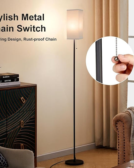 Floor Lamps for Living Room Modern - 3 Color Temperature Black Standing Lamps with Pull Chain Switch, Tall Lamp for Office Home Nursery and Hotel, Pole Lamp with White Lampshade for Reading - LeafyLoom