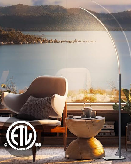 Arc Corner Floor Lamp - 3000K Warm White & 3 Brightness Presets - Curved LED Standing Lamp with Touch Switch - 63" Modern Floor Lamp for Living Room, Bedroom (Silver) - LeafyLoom