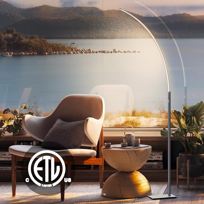 Arc Corner Floor Lamp - 3000K Warm White & 3 Brightness Presets - Curved LED Standing Lamp with Touch Switch - 63" Modern Floor Lamp for Living Room, Bedroom (Silver) - LeafyLoom