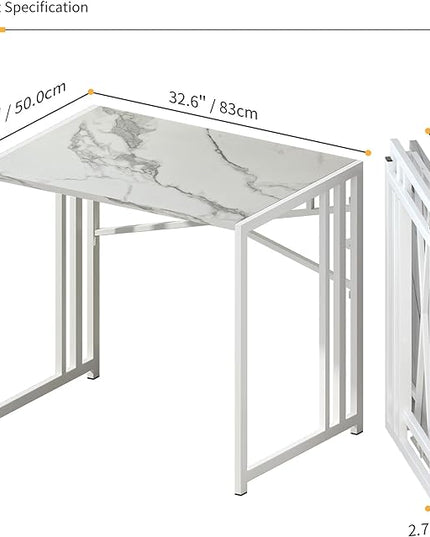 32 inch Folding Small Desk, Writing Gaming Computer Camping Desk for Small Spaces, No Assembly Required Home Office Desk, White Marble - LeafyLoom