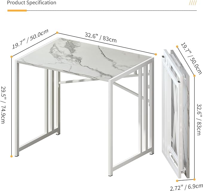 32 inch Folding Small Desk, Writing Gaming Computer Camping Desk for Small Spaces, No Assembly Required Home Office Desk, White Marble - LeafyLoom