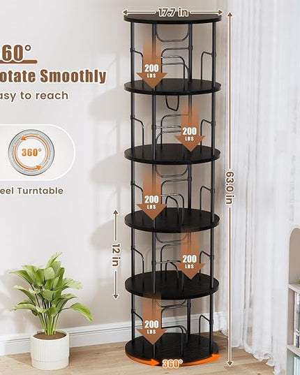 5 Tier Rotating Bookshelf, 360 ° Display Stackable Spinning Bookshelf Tower, Narrow Space Saving Tall Floor Standing Swivel Bookcase Corner Storage Organizer for Bedroom, Living Room, Black - LeafyLoom