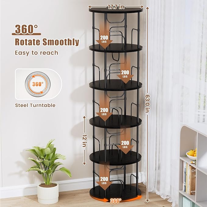 5 Tier Rotating Bookshelf, 360 ° Display Stackable Spinning Bookshelf Tower, Narrow Space Saving Tall Floor Standing Swivel Bookcase Corner Storage Organizer for Bedroom, Living Room, Black - LeafyLoom