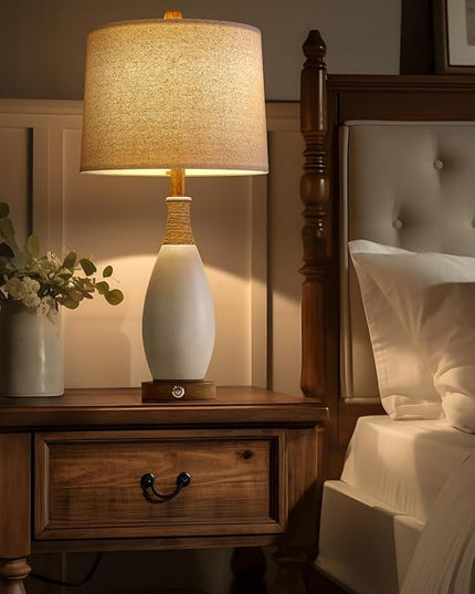 OYEARS 24.5” 3-Way Dimmable Touch Control Bedside Table Lamp Set of 2 with USB and Type-C Charging Ports Modern Farmhouse Nightstand Lamp for Bedroom Living Room (Bulb Included) - LeafyLoom