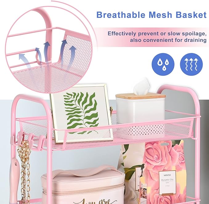 TOOLF 3-Tier Metal Rolling Cart, Mesh Wire Easy Assemble Utility Cart, Storage Trolley on Wheels with 3 Hooks, MetalStorage Shelving Units for Kitchen Bathroom Laundry Room - LeafyLoom