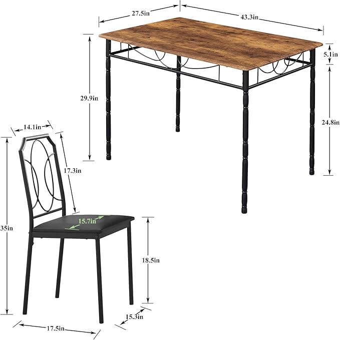 VECELO 5 Pieces Sets,43.3" Table&Chairs for 4,Industrial Counter Height Tabletop with Bar Stools, Rectangle Breakfast Chairs, Living Room, Apartment, Dining Table for 4, Brown - LeafyLoom