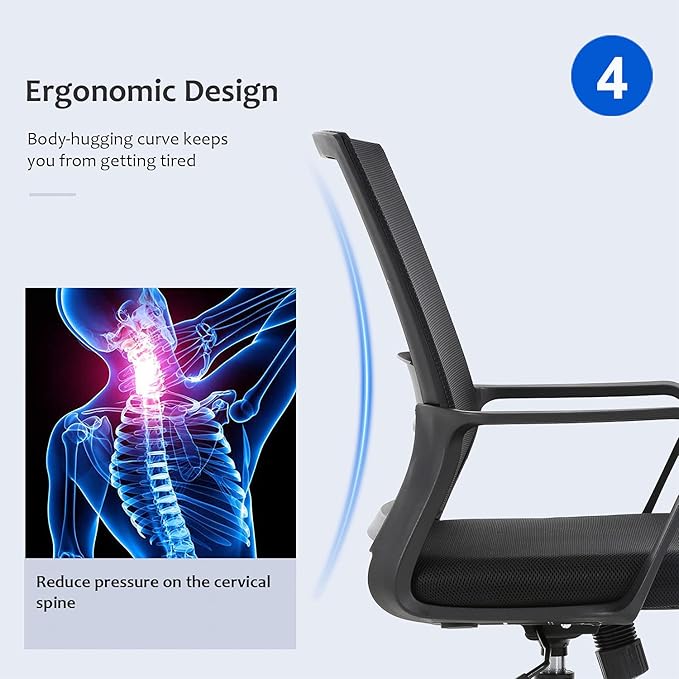 FDW Office Chair Ergonomic Desk Chair Mid-Back Mesh Computer Chair Lumbar Support Comfortable Executive Adjustable Rolling Swivel Task Chair with Armrests,Black - LeafyLoom