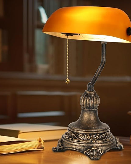 Bankers Lamp with Pull Switch, Amber Glass Desk Lamp with Retro Black/Gold Finish, Vintage Table Lamps for Living Room, Home Office, Library, Piano LED Bulb Included (Amber) - LeafyLoom